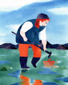 Pêche - Collage de papiers aquarellés.