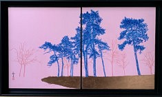Pins bleus - Portiers de jour -2021 - Peinture chinoise et feuilles de cuivre  sur cartons - 27,3 cm x 24,2 cm x 2 