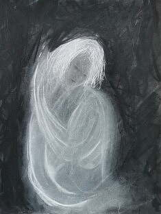 "Elle écoute la mer mais elle ne l'entend pas", Série "Anne Bellefleur. Résonance", Fusain et carrés conté sur papier Clairfontaine pastelmat 40x30