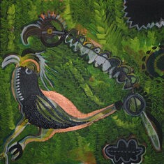 L’oiseau vert, Techniques mixtes sur toile de lin, Diptyque 80 x 80 cm, Paris 2018