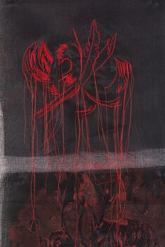 Feuille volante, Détail, broderie à l’aiguille et au crochet de Lunéville, monotype sur papier Hanshi, peinture sur tarlatane et soie, 130 x 28 cm