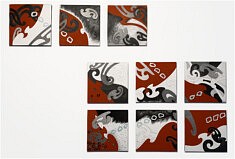 Installation de la série LES PERROQUETS   - 9 dessins sur papier à grain  -  chacun de 30x30cm - techniques mixtes : gouache, encre, mine de plomb -  2022