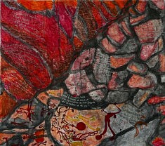 1. TildaLovi, CouléeDeBraises_2025_papier-mâché marouflé sur toile_Acrylique, encredeChine, aquarelle_110cmX113cm