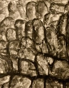 De la série « Mes chemins aléatoires », fragment, papier-mâché marouflé sur bois, Encre de Chine, technique mixte, 65x39, Paris 2008-2018