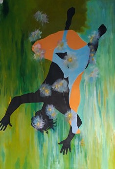 "ORION" 2021 sur toile, peinture acrylique, 187x130. Atterrissage sur terre par la communion de la constellation Orion" !!